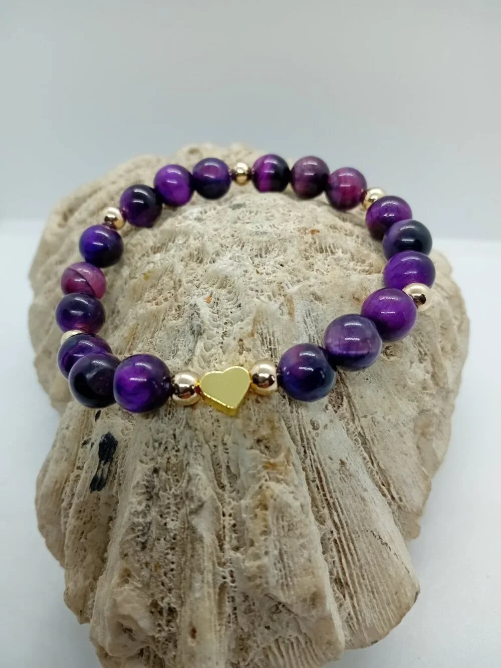 Natural Tigers Eye Stretch Bead Bracelet 14K Gold Beads Heart Charm 6MM Healing
